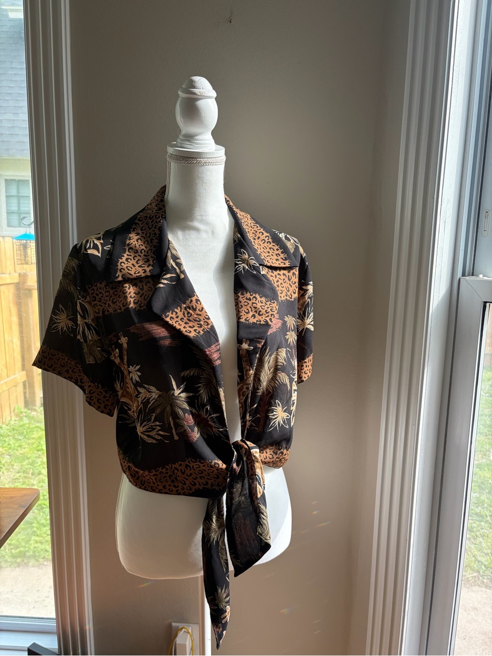 Vintage 90s Safari Giraffe Leopard Tie Front Top 12P
